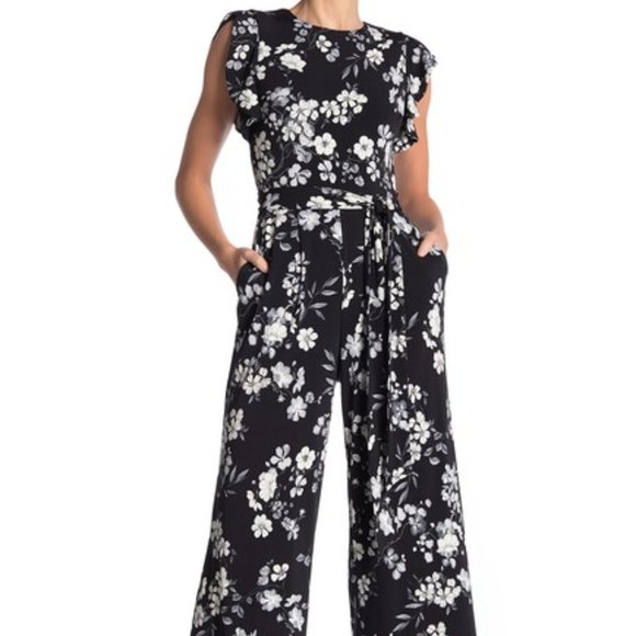 calvin klein black jumpsuit ruffle sleeve